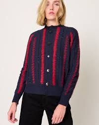 PAUL AND JOE  GILET LUXEMBOURG RAYÉ EN MAILLE BLEU MARINE